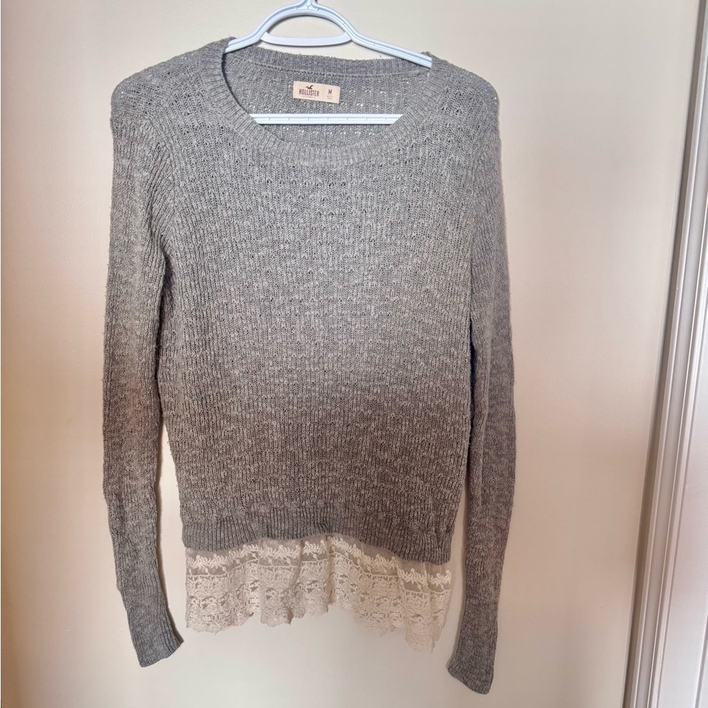 Hollister Grey Crew Neck Sweater With Lace Trim